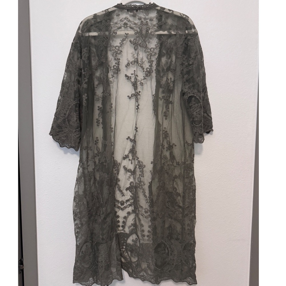 Ariat Olive Green Floral Lace Duster Cardigan Open Front Boho Kimono ML cc - Picture 2 of 4